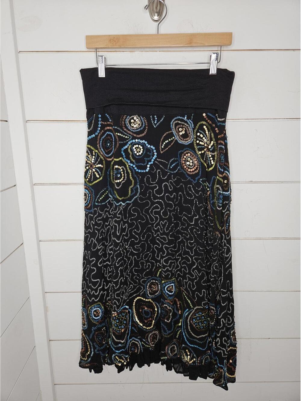Basil & Maude size 6 black heavily beaded A-line skirt